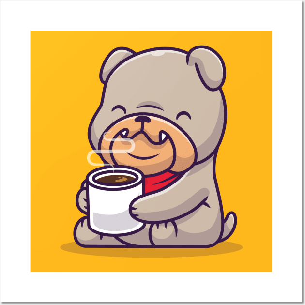 Cute Bulldog Drinking Hot Coffee Cartoon Wall Art by Catalyst Labs